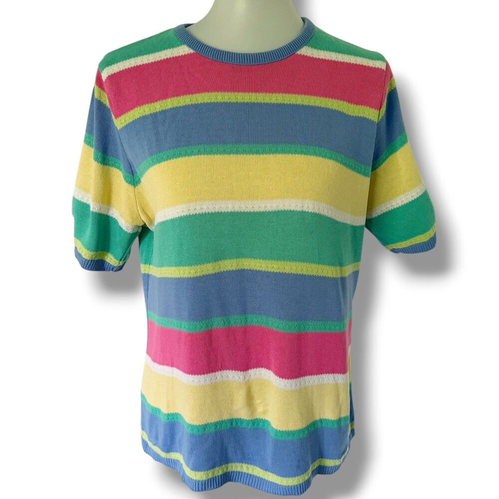 Women's Vintage Pastel Colorblock Striped Sweater Top Shirt Size L Large USA